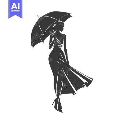 Aset desain premium: Silhouette of a Woman in a Dress Holding an Umbrella