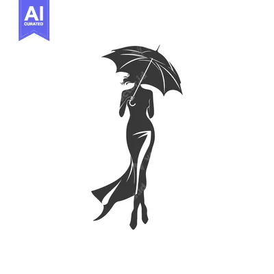 Aset desain premium: Silhouette of a Woman in a Dress Holding an Umbrella