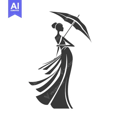 Aset desain premium: Silhouette of a Woman in a Dress Holding an Umbrella