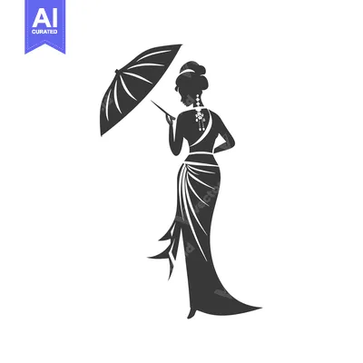 Aset desain premium: Silhouette of a Woman in a Dress Holding an Umbrella