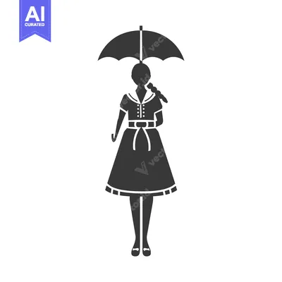 Aset desain premium: Silhouette of a Woman in a Dress Holding an Umbrella