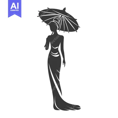 Aset desain premium: Silhouette of a Woman in a Dress with an Umbrella