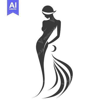 Silhouette of a Woman in a Flowing Dress with a Crescent Moon