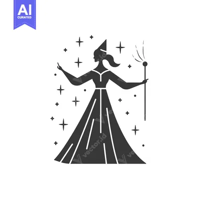 Aset desain premium: Silhouette of a woman in a gown with stars and a staff