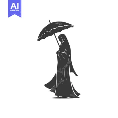 Aset desain premium: Silhouette of a Woman in a Hijab Holding an Umbrella