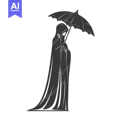 Silhouette of a woman in a hooded cloak holding an umbrella