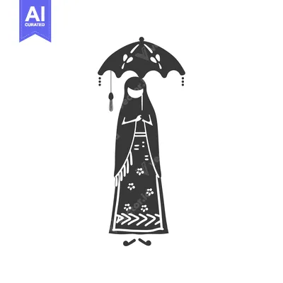 Silhouette of a Woman in a Long Dress and a Headscarf Holding an Umbre