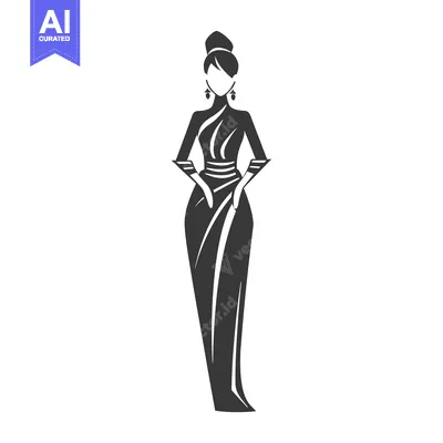 Aset desain premium: Silhouette of a Woman in a Long Dress and Earrings