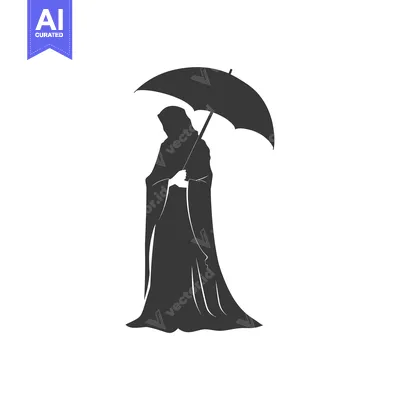 Aset desain premium: Silhouette of a Woman in a Long Dress Holding an Umbrella