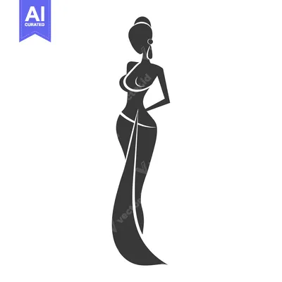 Aset premium populer: Silhouette of a Woman in a Long Dress with a Bun and Earrings