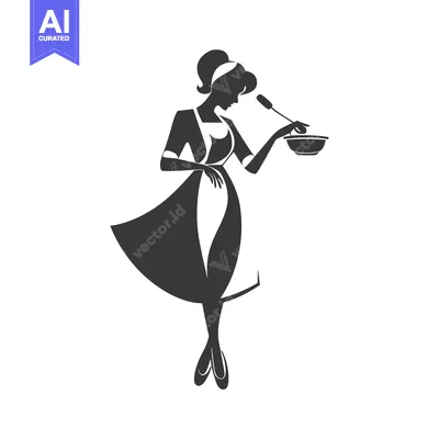 Aset desain premium: Silhouette of a Woman in an Apron Holding a Bowl and a Spoon