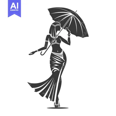 Silhouette of a woman in an Egyptian-style dress holding an umbrella