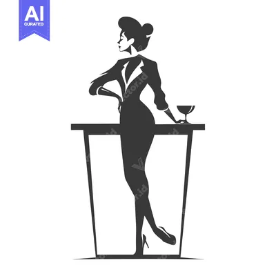 Aset desain premium: Silhouette of a Woman in a Suit Leaning on a Bar Counter with a Drink