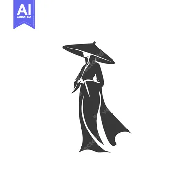 Aset premium populer: Silhouette of a Woman in a Traditional Asian Hat and Robe