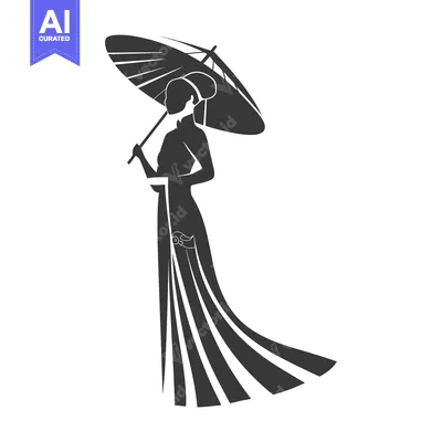 Aset premium populer: Silhouette of a woman in a traditional dress holding an umbrella