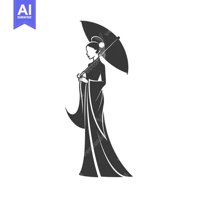 Aset desain premium: Silhouette of a Woman in a Traditional Dress Holding an Umbrella