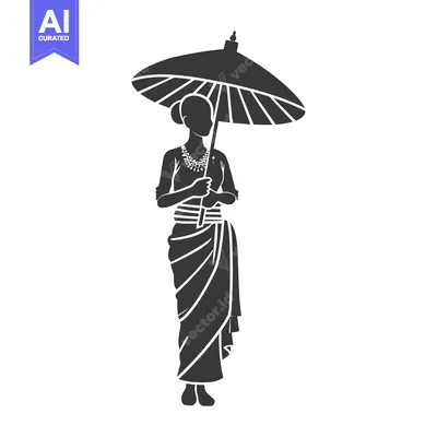 Aset desain premium: Silhouette of a woman in a traditional dress holding an umbrella