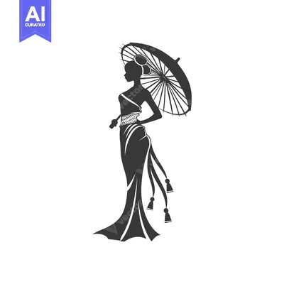 Silhouette of a Woman in a Traditional Dress with an Umbrella