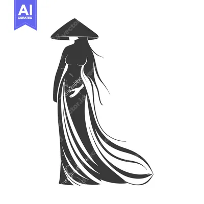 Aset desain premium: Silhouette of a Woman in a Traditional Vietnamese Dress and Conical Ha