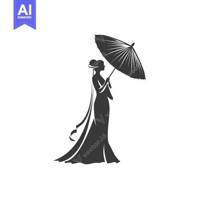 Aset desain premium: Silhouette of a Woman in a Wedding Dress Holding an Umbrella