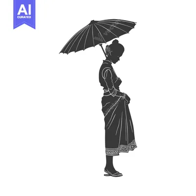 Popular premium asset: Silhouette of a Woman in Traditional Dress Holding an Umbrella
