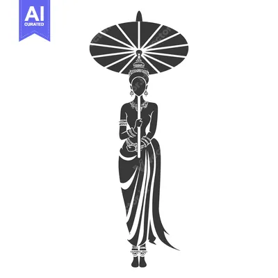 Aset desain premium: Silhouette of a Woman in Traditional Indian Attire Holding an Umbrella