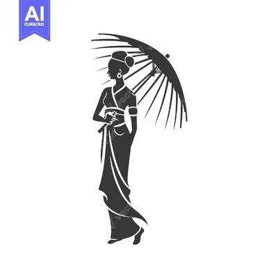 Aset desain premium: Silhouette of a woman in traditional Japanese clothing with an umbrell