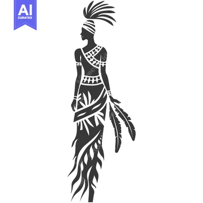 Aset desain premium: Silhouette of a Woman in Traditional Tribal Dress with Feathers