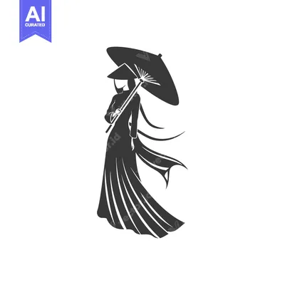 Silhouette of a Woman in Traditional Vietnamese Clothing Holding an Um