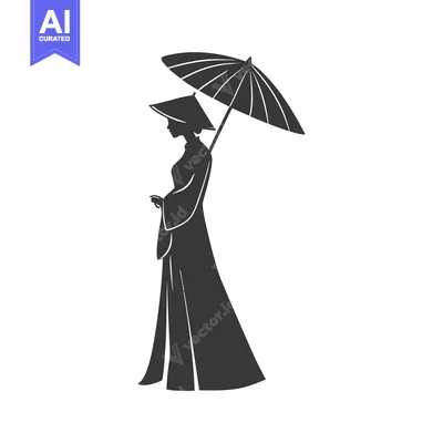 Aset desain premium: Silhouette of a woman in traditional Vietnamese clothing holding an um