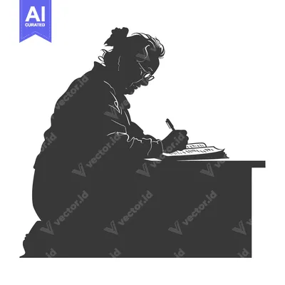 Popular premium asset: Silhouette of a Woman Kneeling at a Desk, Writing in a Notebook