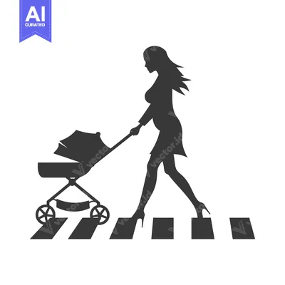 Aset desain premium: Silhouette of a Woman Pushing a Baby Stroller Across a Crosswalk