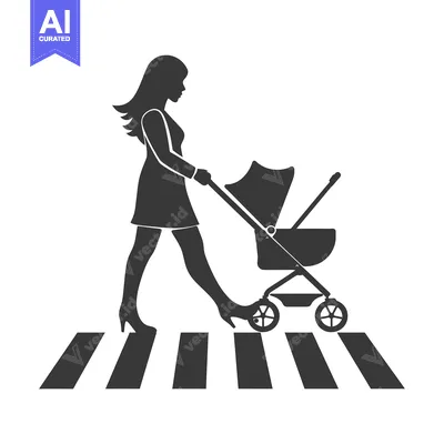 Aset desain premium: Silhouette of a Woman Pushing a Baby Stroller Across a Crosswalk