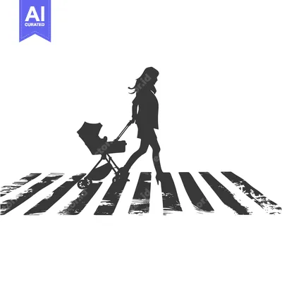 Aset desain premium: Silhouette of a Woman Pushing a Baby Stroller Across a Crosswalk