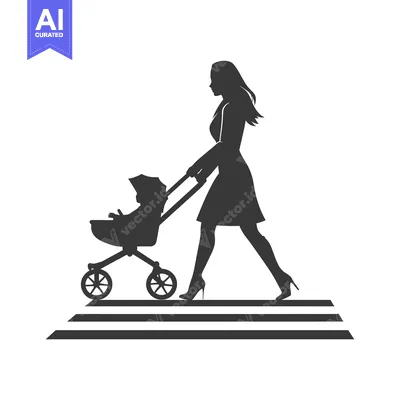 Silhouette of a Woman Pushing a Baby Stroller Across a Crosswalk