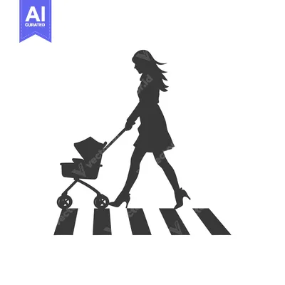 Aset desain premium: Silhouette of a Woman Pushing a Baby Stroller Across a Crosswalk