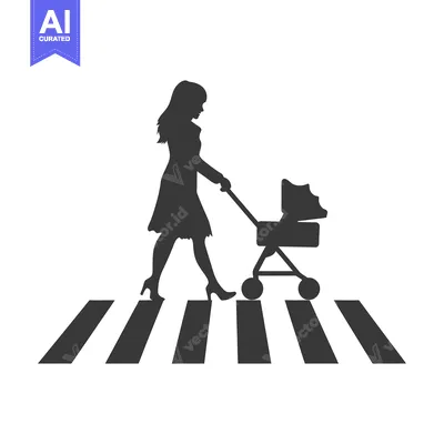 Premium design asset: Silhouette of a Woman Pushing a Stroller Across a Crosswalk