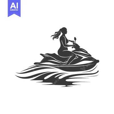 Premium design asset: Silhouette of a woman riding a jet ski on waves