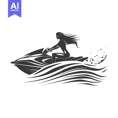 Aset desain premium: Silhouette of a Woman Riding a Jet Ski on Waves