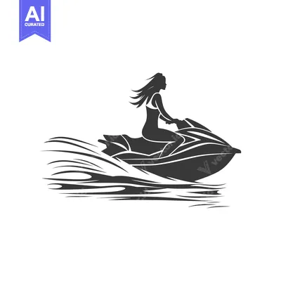 Aset desain premium: Silhouette of a woman riding a jet ski over waves