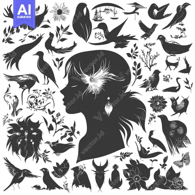 Silhouette of a Woman's Head Surrounded by Birds, Flowers, and Plants