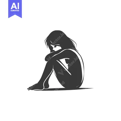 Aset desain premium: Silhouette of a Woman Sitting Alone with Her Head Down
