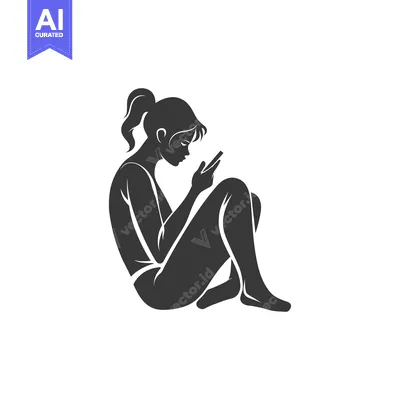 Aset desain premium: Silhouette of a woman sitting and looking at her phone