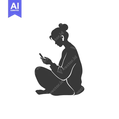 Aset desain premium: Silhouette of a woman sitting and using a phone