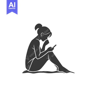 Aset desain premium: Silhouette of a Woman Sitting and Using a Phone