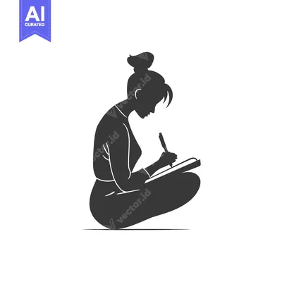 Aset desain premium: Silhouette of a Woman Sitting and Writing in a Notebook
