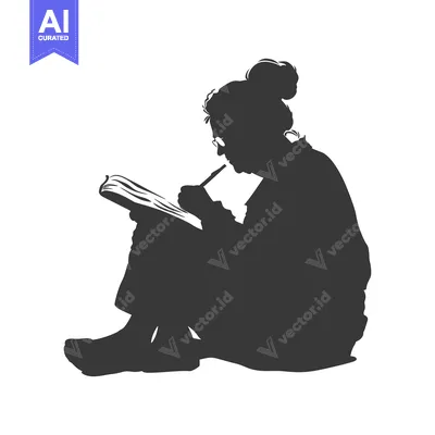 Aset desain premium: Silhouette of a Woman Sitting and Writing in a Notebook