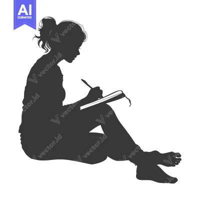 Aset desain premium: Silhouette of a Woman Sitting and Writing in a Notebook