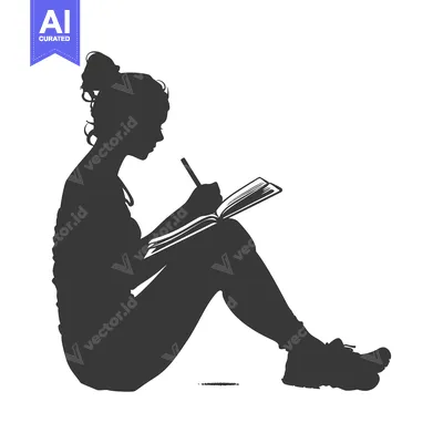 Aset desain premium: Silhouette of a Woman Sitting and Writing in a Notebook