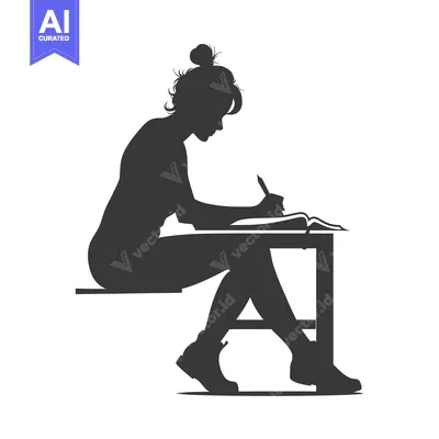Aset desain premium: Silhouette of a Woman Sitting at a Desk and Writing